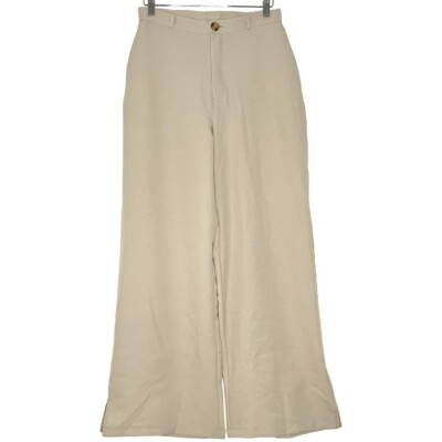 Missguided Womens Pant 8 Tan High-Rise Wide Leg Split-Hem Trouser Pockets Career