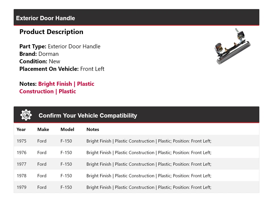 Manija de puerta exterior delantera izquierda para Ford F-150 Dorman 1975-1979 1976 1977 1978 Foto 2 de 4