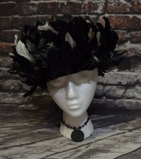 VINTAGE ORIGINAL HENRY MARGU CREATION BLACK WHITE FEATHER HAT 8" FELT HAT PIN