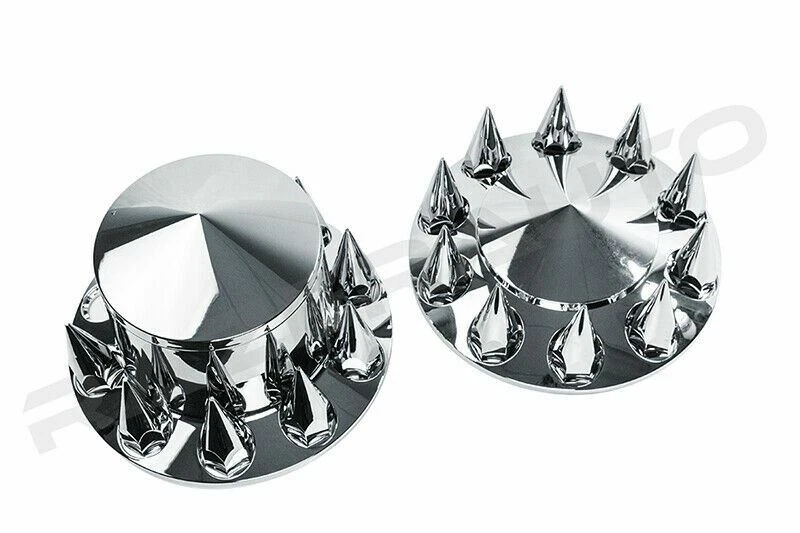 Chrome 22.5"+24" Front+Rear Wheel Center Hub Cap 10 Lug Spike nut Axle System Ki - Image 2 of 4
