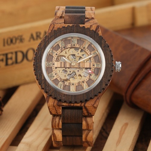 Mens Watches Automatic Watch Wood Strap Adjustable Wooden Bracelet Luxury Gifts - Picture 6 of 8