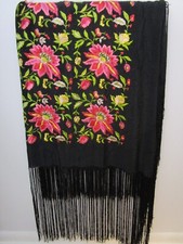1920s Knotted Fringe Silk Shawl Piano Scarf Black Fuchsia Pink Flowers