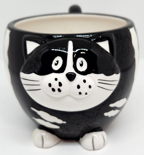 Pier 1 Imports Hand Painted Dolomite Black White Chubby Cat Coffee Mug