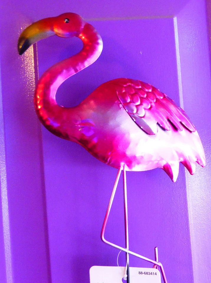 2 FIGURA DE ESTACA DE METAL DE HOJALATA DE FLAMENCO DECORACIÓN DE ARTE DE PATIO ROSA CALIENTE  Foto 3 de 4