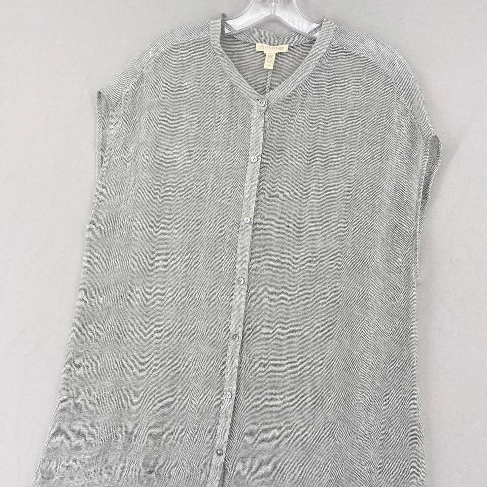 Eileen Fisher Linen Mesh Tunic Shirt Size Large Gray Cap Sleeve Button Up - Image 4 of 4