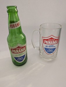 Old PANAMA BEER BOTTLE Green Glass Bottle and Clear Glass Mug Panama Canal Zone