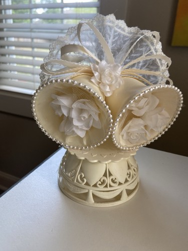 Vintage Plastic Ivory Wedding Anniversary Bells Cake Topper Lace Pearls