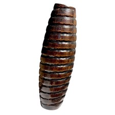 Ribbed Vase Hand Carved Wooden Brown Textured Rustic Decorative Art BOHO