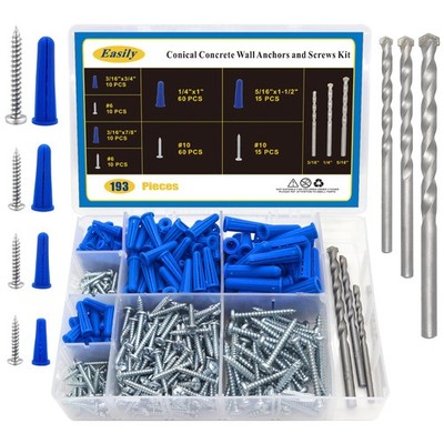 190 Pcs Wall Anchors & Screws Assortment Kit for Drywall and Concrete
