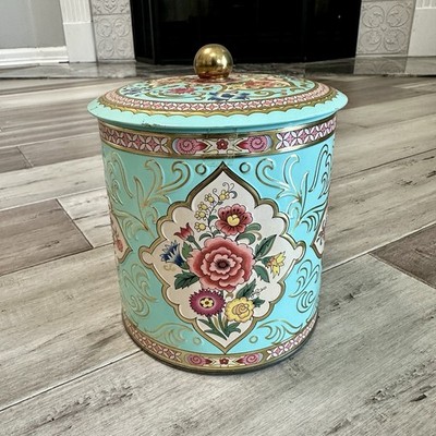 Vintage Daher England Metal Tin Coffee Tea Container Round Blue Floral Cottage