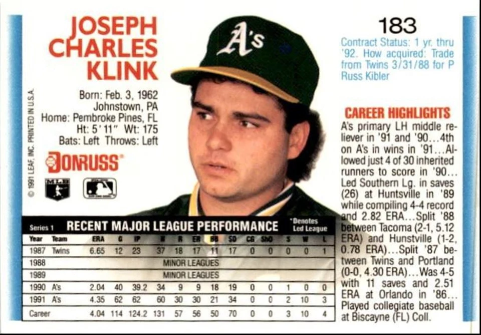 1992 Donruss Joe Klink Oakland Athletics #183 - Image 2 of 2