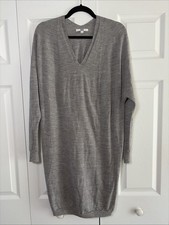 Uniqlo V-Neck Sweater Dress Womens L Gray Wool Knit Long Sleeve Tunic Minimalist