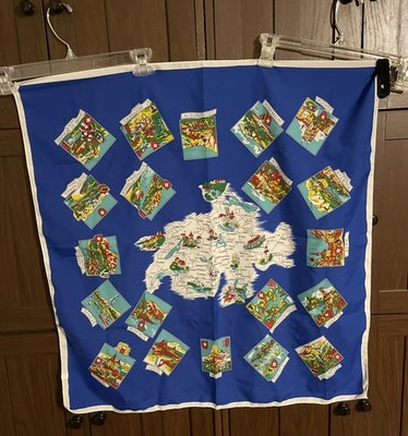 Vtg  Switzerland Souvenir Scarf  Blue  Polyester 28  Square  Res L E  Limited