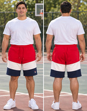 FILA Mens Athletic Fleece Colorblock Shorts XL Red White Blue Drawstring Pockets
