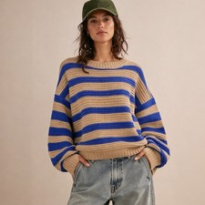 Free People Links Pullover Stripe Slouchy Sweater Navy Camel Size S Preppy Boho