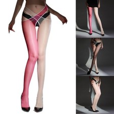 Unique Cross Waist Stockings Ultra Sheer Oily Shiny Pantyhose Crotchless Tights