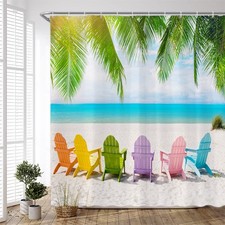 Beach Shower Curtain, 70x70 Inch, Ocean, Palm Tree, Beach Chair, Polyester
