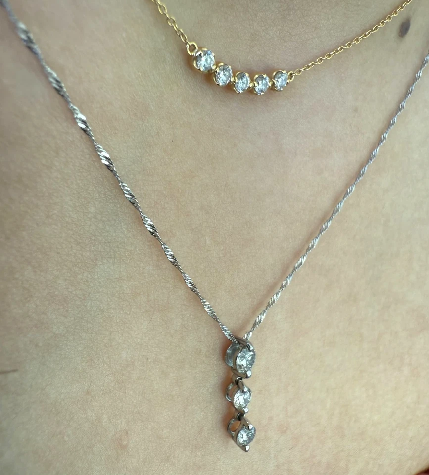 .3CT Natural Three Stone Diamond Pendant Necklace Platinum Singapore Chain 16.1" - Image 4 of 4