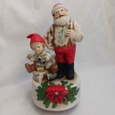 Vtg Old World Santa And Elf Ceramic Music Box Poinsettia Toy Maker Rotating 8"