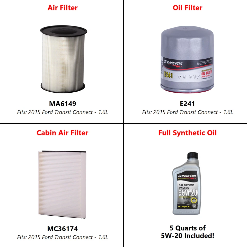 2015 Ford Transit Connect 1.6L Complete Oil, Air & Cabin Filter Kit (5W-20) Foto 2 de 4