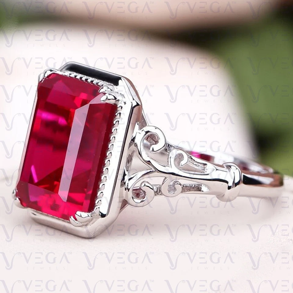 5.0Ct Emerald Natural Ruby Solitaire Art Deco Wedding Ring 18K White Gold Plated - Image 3 of 4