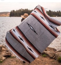Mexican Yoga Blanket Grey Diamond Stripes White Tan Gray Serape Falsa 78  x50  