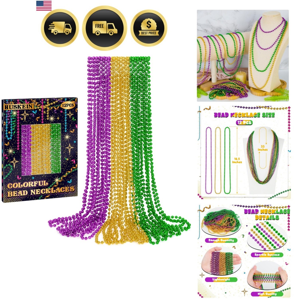 12 PCS Mardi Gras Beads Necklaces, 33