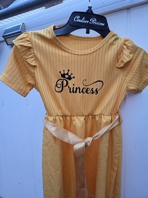 Princess Gold Ribbed Maxi Dress 3T Satin Bow Belt Ruffle Flutter Sleeve