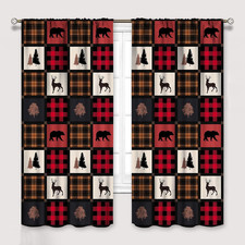 Cabin Retro Curtains Rustic Lodge Window Treatments, Bear Deer Moose Wild Animal