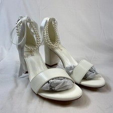 Womens 7 Block Heel Bridal Shoes Formal Ivory Pearls Ribbons YWXYMGE Ankle Wrap