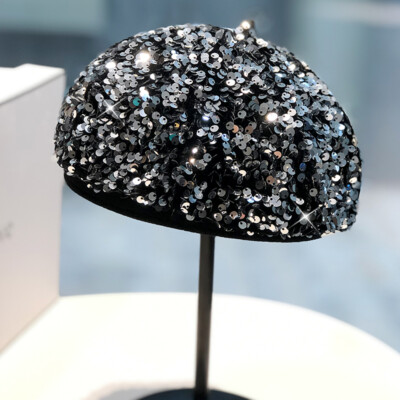 1123 Women Wrinkled Yarn Artist Beret Hat Sequin Summer Novelty Beanie Cap Women Glitter Sequin Beret Hat Artist Beanie Cap Bling  main image 4