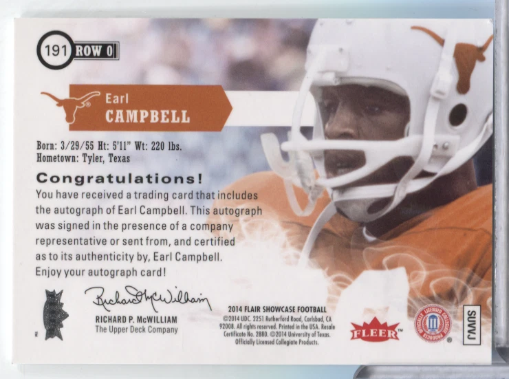 Earl Campbell Longhorns 2014 Flair Showcase Auto 191 Row 0 082923MLCD26 - Image 2 of 2