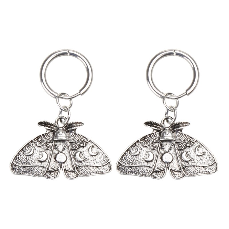 Retro Metal Hoop Earrings with Moth and Moon Pendant for Girls and Halloween