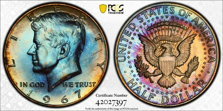 1967 Kennedy Half Dollar Special Mint Set Issue Toned PCGS UNC Detail 7397 - Image 3 of 3