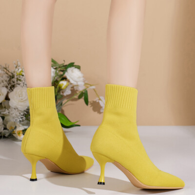 Women's Knit Sock Ankle Boots Pointed Toe Mid Heel Slip-on