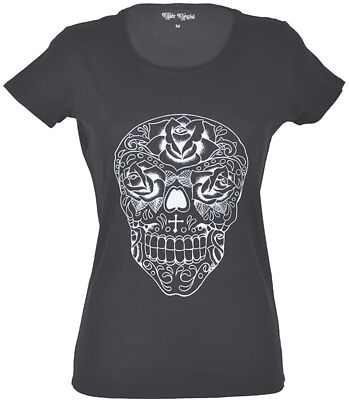Killer Kirsche »SUGAR SKULL & ROSES« Oldschool Girli T-SHIRT Schwarz  Rockabilly