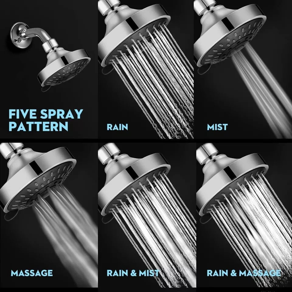 High Pressure Shower Head – 5 Spray Modes, 4.1 Inch Fixed Showerhead, Self-Cleaning Nozzles, 360° Adjustable, Easy Install