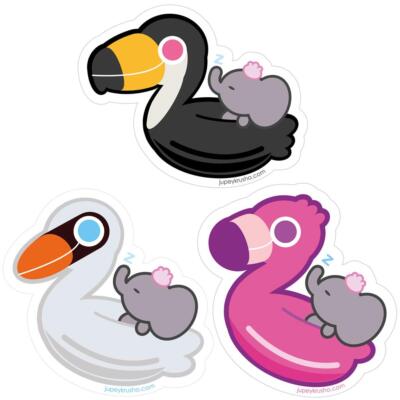 3 VINYL STICKERS DREAMY STAMPEDE BLACK TOUCAN PINK FLAMINGO WHITE SWAN ELEPHANT