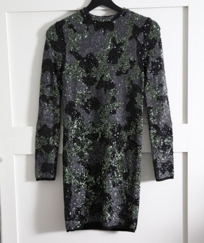 Zara Party Sequin Mini Dress Sparkly Bodycon Camouflage Long Sleeve Small - Picture 2 of 13