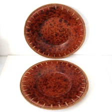 Set of 2 Decorative Plate 14" Faux Leather Brown Ceramic Rattan Wicker Border