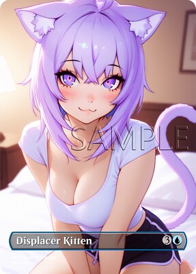 MTG- Displacer Kitten - Fanart Borderless Style Card for EDH / Playtest- Catgirl