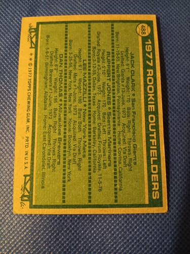 1977 JACK CLARK RUPPERT JONES MAZZILLI TOPPS BASEBALL ROOKIE CARD RC #488 THOMAS - Picture 2 of 2