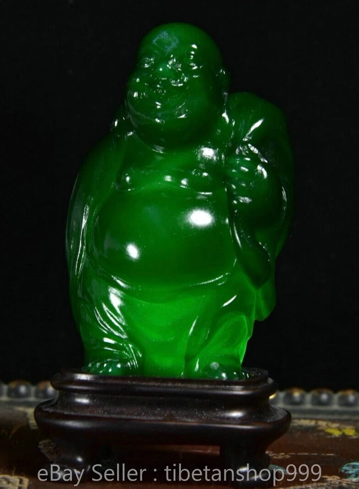 Antigua estatua de Buda Maitreya Happy Laugh Budismo Piedra Shoushan Verde China de 4" Foto 4 de 4