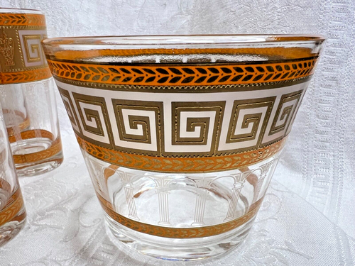 8 Vintage MCM Orange and Gold Greek Key Glasses & Ice Bucket ~ Ex Condition - Picture 6 of 14