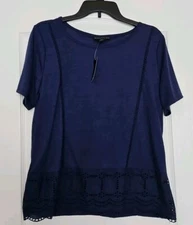 Attention Womens Top Embroidered Detail Navy Large NWT Short Sleeves