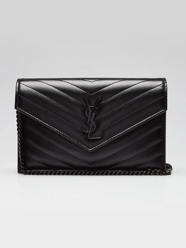 Yves Saint Laurent Black Grained Leather Envelope Small Wallet on Chain Bag