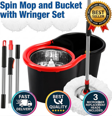 Spin Mop and Bucket with Wringer Set 360 Floor Cleaning 3 Microfiber Heads Black