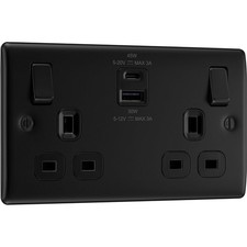 BG 2 Gang Switched Socket with USB A C Ports Matt Black 13A Screwless Plate