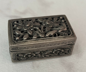 Antique Sterling Silver Filigree Pill Box Snuff Trinket Hinged Lid Floral Bird