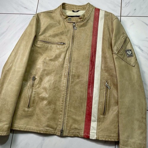Belstaff Gold Label Brad Pitt Worn Leather Jacket M Beige Red White Stripe - Picture 2 of 9